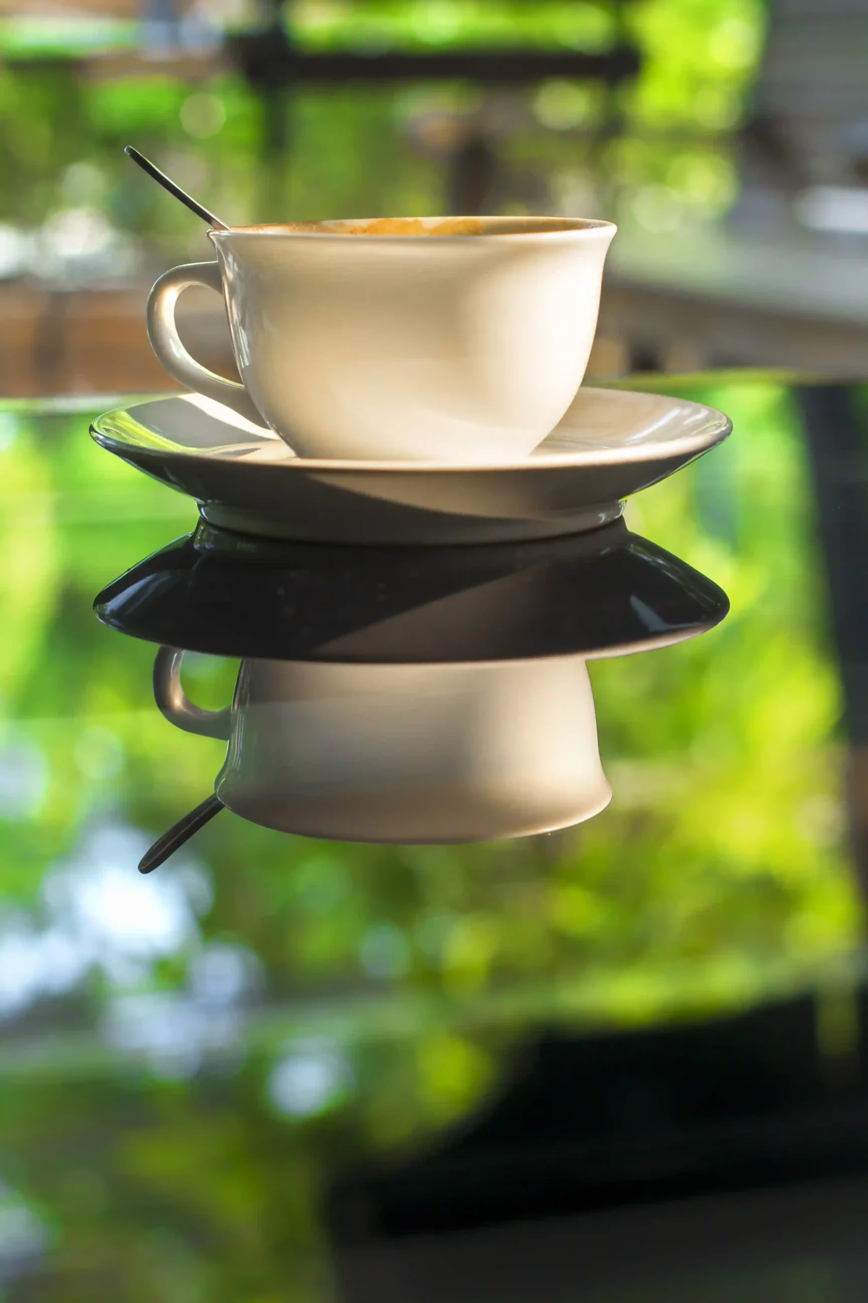 Tasse-Kaffee-auf-Glastisch-reflektierend-grüner-Sommer-Garten