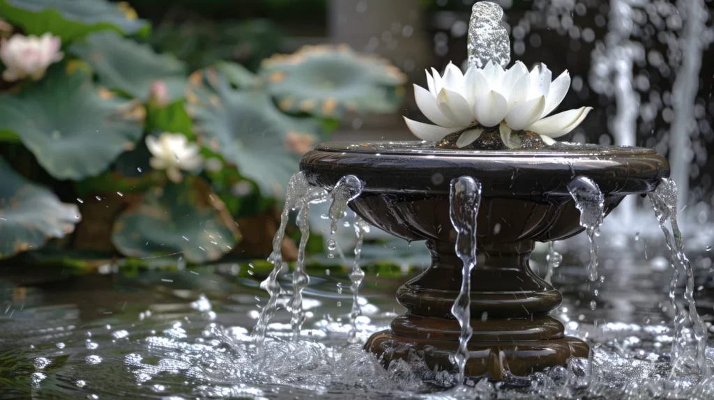 Detailansicht eines klassischen Steinbrunnens mit einer weißen Lotusblüte, aus der Wasser fließt. Umgeben von grünen Blättern, die eine beruhigende Gartenszene schaffen.